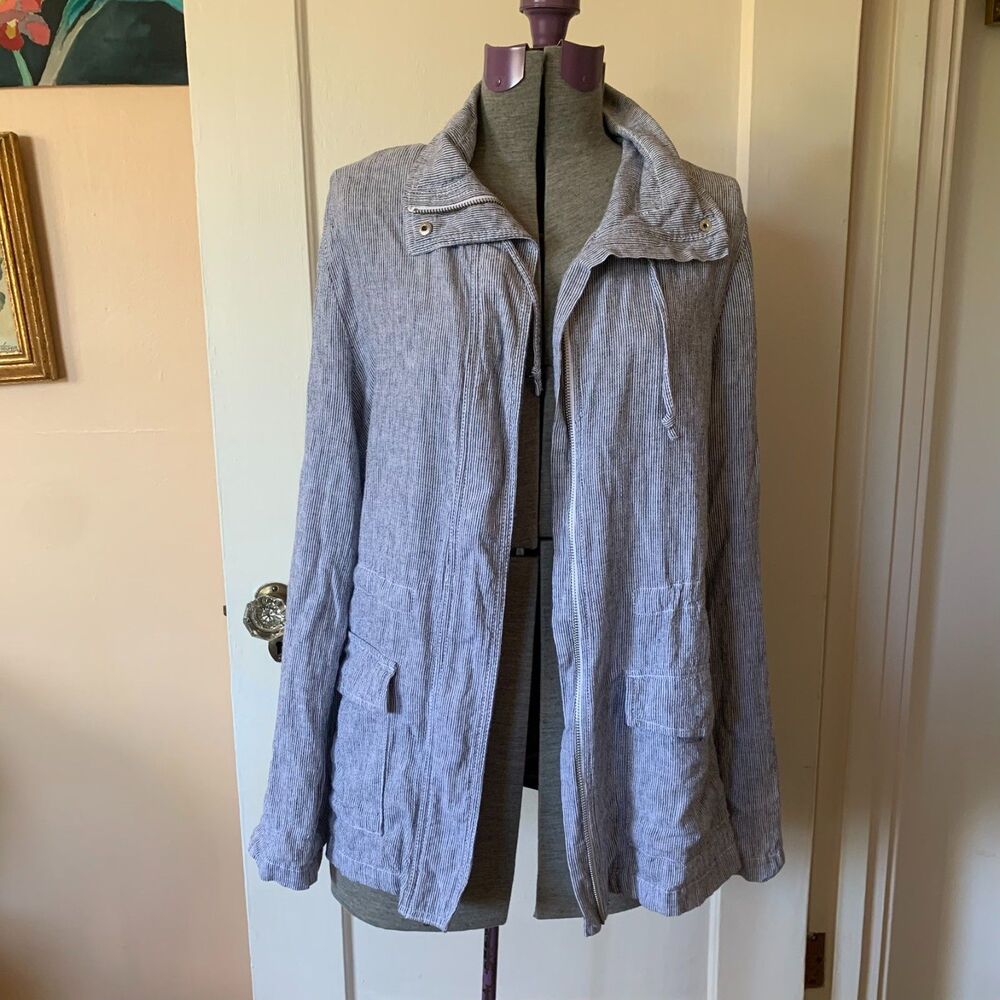 Blue Stripe Anorak Zip Up Jacket Sz M Linen Blend Beachy Nautical Coastal Travel